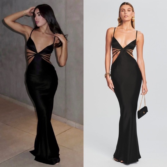 NWT RETROFETE Satin Plunge V-Neck Strappy Open Back Side Cutout Maxi Gown XS - Picture 1 of 16